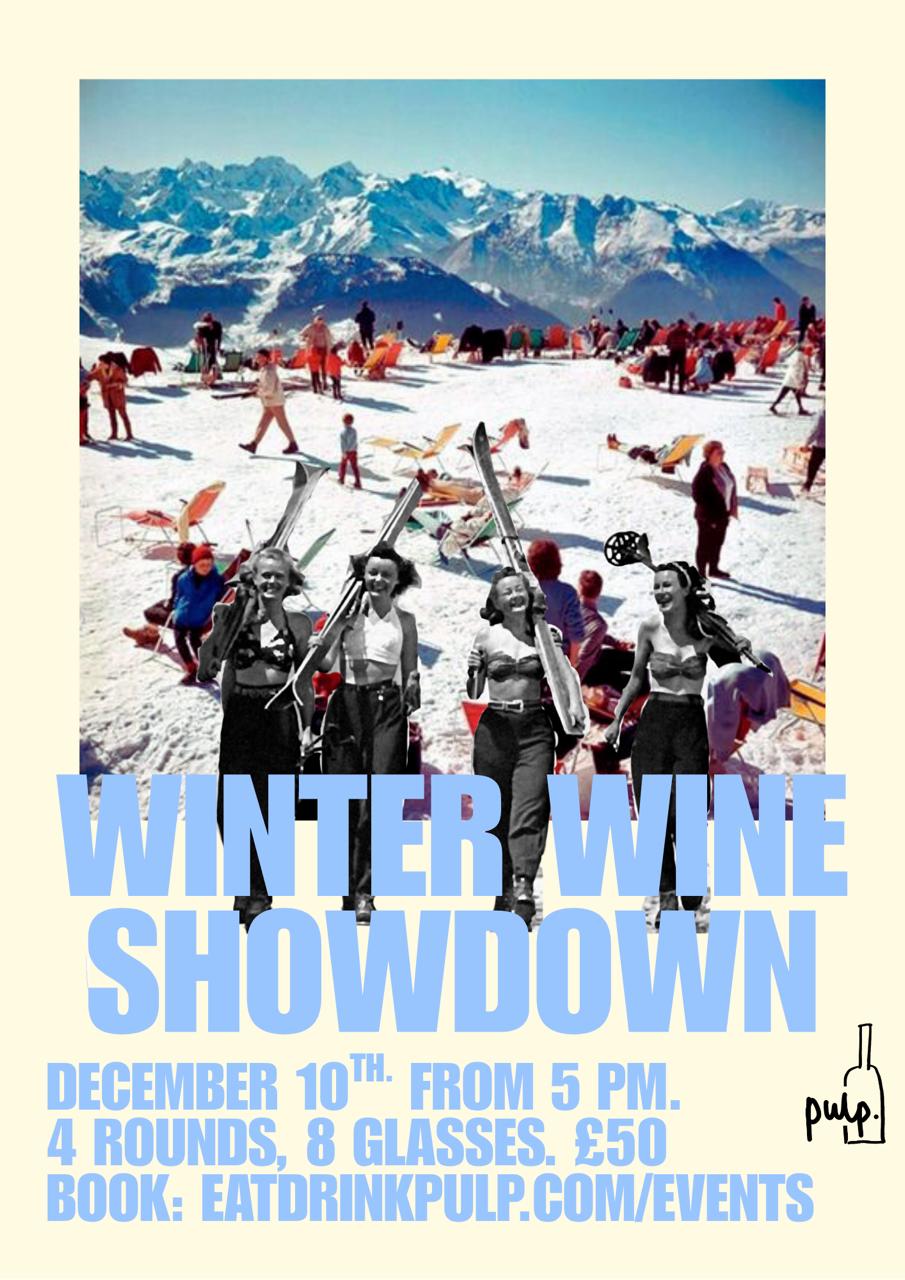 Promotional poster for 'Winter Wine Showdown' event with people on a snowy mountain slope.