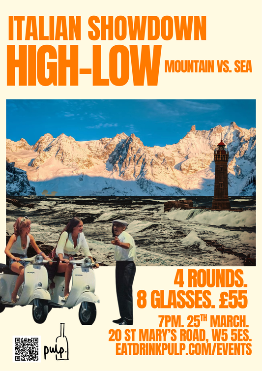 Promotional poster for an event titled 'Italian Showdown High-Low Mountain vs. Sea' with a scenic background and text details.