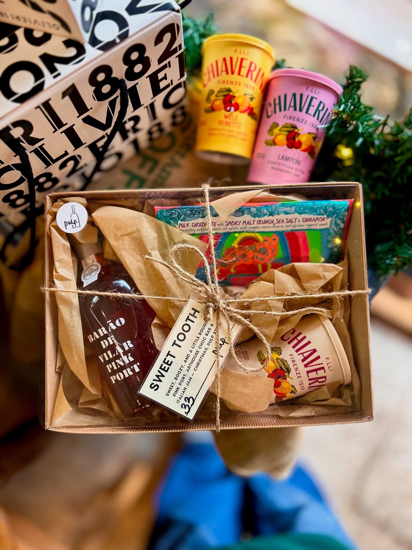 christmas gift box with port and chocolate